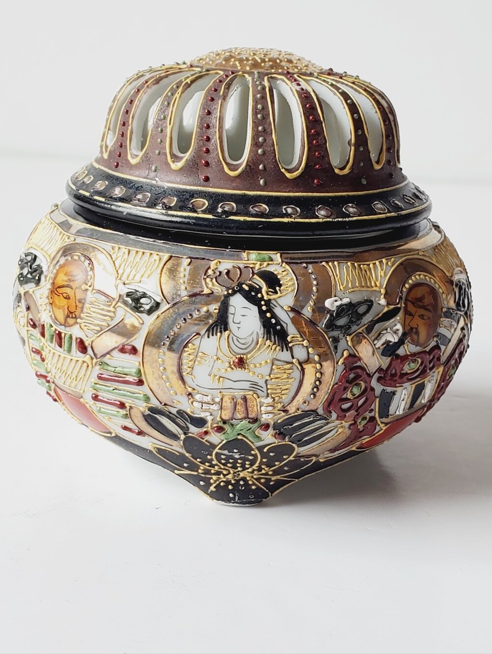 Vtg Japanese Satsuma Moriage Koro Incense Burner Dai Nippon Mark